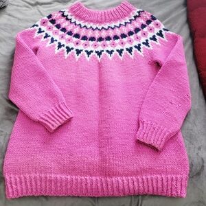 Bubblegum Pink Fair Isle Women's Sweater - Handmade Hand Knitted